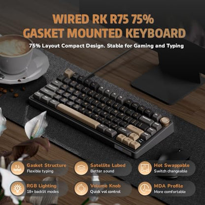 RK ROYAL KLUDGE R75 Wired Mechanical Keyboard with Volume Knob, 75% Mechanical Gaming Keyboard Gasket Mount, Hot Swappable Silver Switch, MDA Profile PBT Keycaps, Creamy Keyboards, Black - color: black