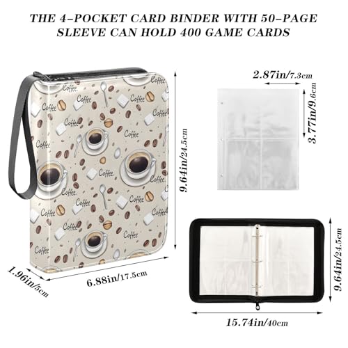 Trading Card Binder 4 Pocket Coffee Beans Coffee Cups Card Albums with 50 Removable Sleeves Fits 400 Game Cards Holder PU Zipper Collection Case