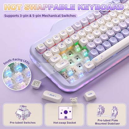 YUNZII C98 Wireless Mechanical Keyboard with Number Pad,99 Key BT5.0/2.4G/USB-C Hot Swap Gasket Mount with PBT MOA Keycaps,Custom RGB,Cute Cake Keyboard for Win/Mac (Purple, Milk V2 Linear Switch) - color: Purple, size: Milk V2 Linear Switch