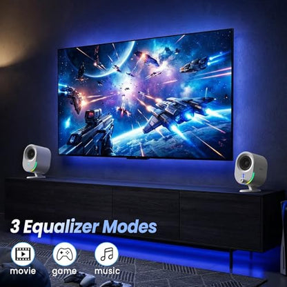 LITTOAK Bluetooth PC Gaming Speakers, 2 * 15W 2.0CH Stereo with 3 EQ & 6 RGB Modes, AC Powered Desktop Speakers with Aux/USB/Headphone Port for Laptop/TV, White