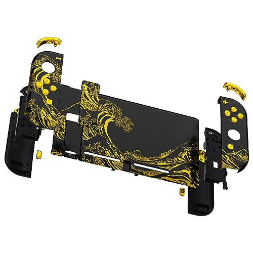 eXtremeRate DIY Replacement Shell Buttons for Nintendo Switch, Back Plate for Switch Console, Housing with Full Set Buttons for Joycon Handheld Controller - The Great Golden Wave Off Kanagawa - Black - color: The Great Wave Off Kanagawa - Black
