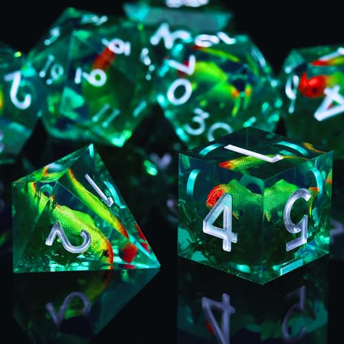 Moss and Koi Fish DND Dice Set - 7Pcs Sharp Edge Resin Polyhedral Game Dice for D&D RPG - Includes D20, D12, D10, D8, D6, D4 - Moss Agate Fish Design(Green) - color: Green