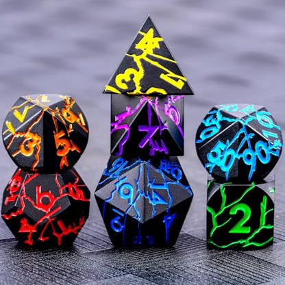 D&D Metal Dice Dungeons and Dragons Metal Dice Set with Cracks, Polyhedral Dice Set for RPG TTRPG D&D Die with Gift Case - color: Black and Coloured Cracks