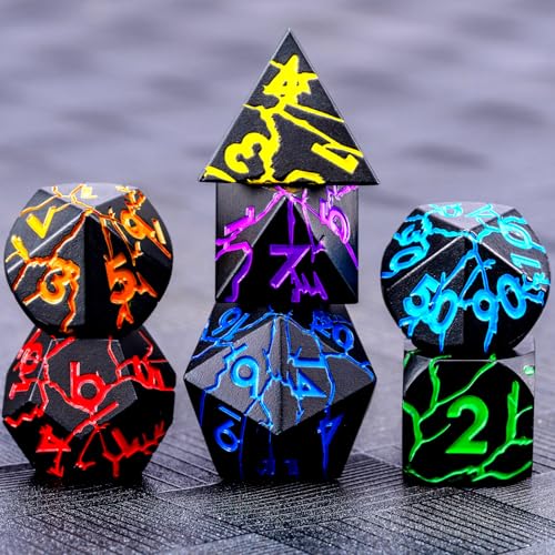 D&D Metal Dice Dungeons and Dragons Metal Dice Set with Cracks, Polyhedral Dice Set for RPG TTRPG D&D Die with Gift Case - color: Black and Coloured Cracks