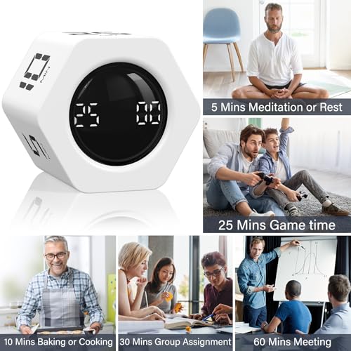Rotating Pomodoro Timer 5, 25, 10 30,60 Mins Preset Stopwatch, Desk Flip ProductivityTimer, ADHD Tool Hexagon, Vibration/Mute/Alarm, for Work, Study, Back to School, Kitchen, White - color: White
