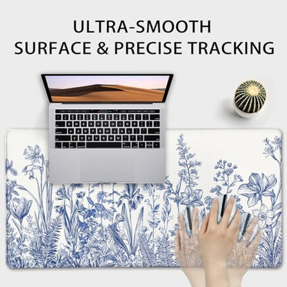 Blue Floral Large Gaming Mouse Pad Desk Mat 31.5"x15.7" Non Slip | Extended Mousepad, Non-Slip Rubber Base , Stitched Edges, for Computer/Laptop/Office/Home - color: Narcissus