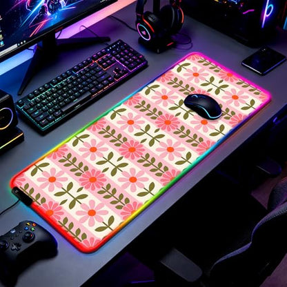 RGB Pretty Pink Flowers Gaming Desk Mat, Computer Keyboard Large Extended Long Floral LED Mouse Pad for Office and Home, XL (W11) - color: Rgb-w11