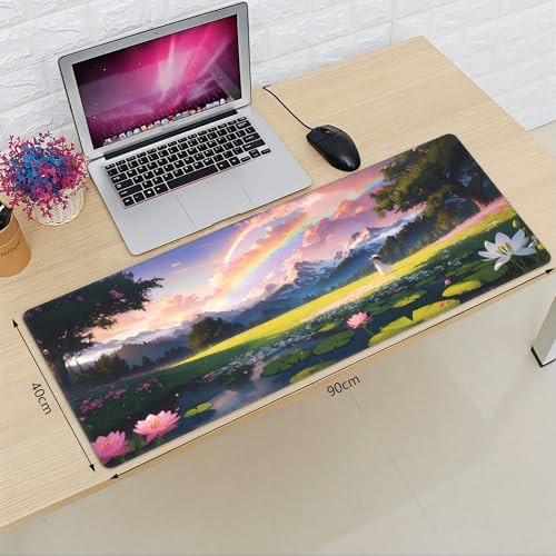 XXL Gaming Mouse Pad 35.4x15.7 inch, Beautiful Lotus Rainbow Landscape Theme Desk Mat, Mountain Flower Elegant Girly Scene Large Mousepad,Fantasy Artistic Keyboard Mouse Mat (Lotus Rainbow) - color: Lotus Rainbow