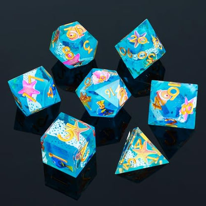 DND Dice Set 7-Pcs Sharp Edge Blue Marine Life Style Resin Dice Polyhedron Resin Sharp Edge dice Role-Playing Game RPG MTG Board Game (Marine Life - Golden) - color: Marine Life - Golden