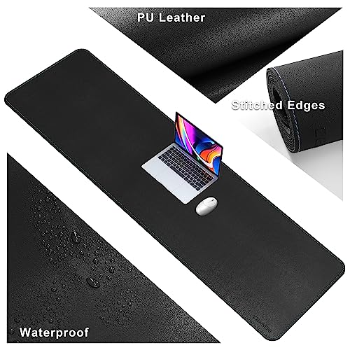 CENNBIE Leather Desk Mat Large, 63" x 19.6" Desk Pad Protector(Black) | Premium stitched edges resist wear. Easy to clean. Protects desk from spills, stains ,scratches. Smooth glide. Office & home. - color: Black, size: 19.6" x 63"