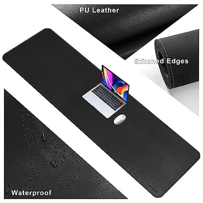CENNBIE Leather Desk Mat Large, 63" x 19.6" Desk Pad Protector(Black) | Premium stitched edges resist wear. Easy to clean. Protects desk from spills, stains ,scratches. Smooth glide. Office & home. - color: Black, size: 19.6" x 63"