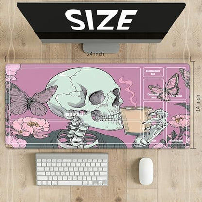 MTG Playmat with Zones, TCG Card Game Play Mat with Stitched Edges, Non-Slip Rubber Base Gaming Desk Mat, Smooth Surface 24 x 14 Inch, Goth Skull Pink - color: Goth Skull Pink, size: Zone 1
