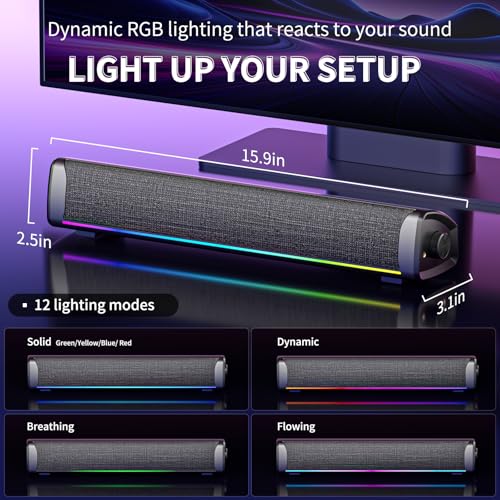 Computer Speakers for Desktop PC, Gaming Soundbar with 4 Drivers, 12 RGB Lighting Modes, USB/USB-C Powered PC Speakers, Plug & Play Monitor Sound Bar with Mic & Headphone Jack for Laptop, PC, Black