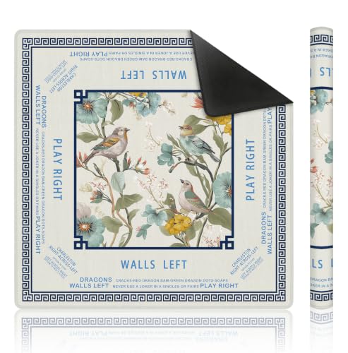 Beige Birds Chinoiserie Floral Mahjong Mat 31.5 x 31.5 Inch, Vintage Botanical Non-Slip Noise Reduction Mahjong Table Mat for American Mah Jong Poker Card Board Games Dominoes - color: Beige Birds