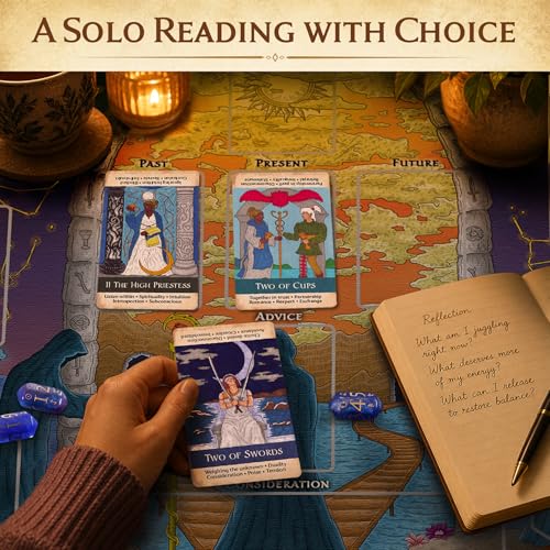 A Tarot-Guided Journey: Mystic Crossroads | 1-5 Players | Beginner Friendly | Cooperative storytelling card game | Groups or Solo| Meanings on Cards | Includes Deck, Cloth, Card Box, Mystic Dice