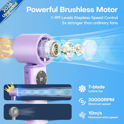 6000mAh Portable Handheld Fan with Ice Cooling, 199 Levels Stepless Speed, 20H Long Battery Life, 20000RPM Turbo Fan Rechargeable Personal Mini Fan for Travel, Outdoor, Makeup (Purple) - color: Purple