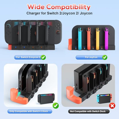 [Switch 2/1 Charger Dock], Switch 2 Controller Charging, 8 in 1 Fast Charger for Joycon 2/1, Wireless Portable Dual-Direction Magnetic Charger for Nintendo 2 (NTT41)