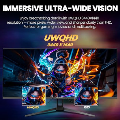 CRUA 34" Ultrawide Gaming Monitor 165Hz, UWQHD 3440x1440 IPS Computer Monitor, 21:9 Wide Screen, FreeSync, PIP/PBP, 120% sRGB, Built-in Speakers, HDMI 2.0 & DP 1.4, Wall Mount&Tilt Adjustable