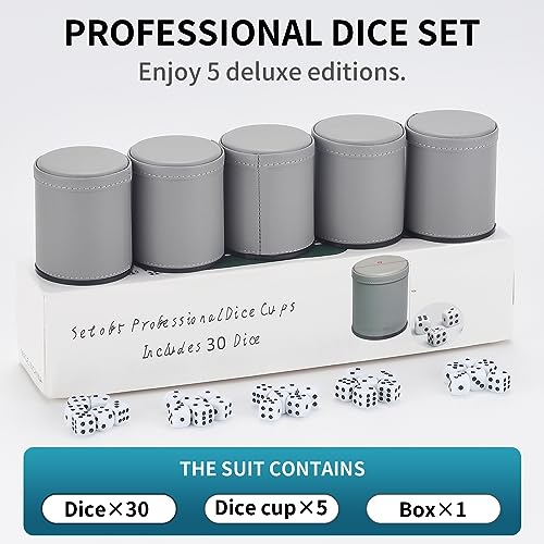 5 Pack PU Leather Dice Cups Velvet Felt-Lined Shaker Cups with 30 Dot Dice for Bar Party Yahtzee Farkle Dice Games, Grey - color: Grey