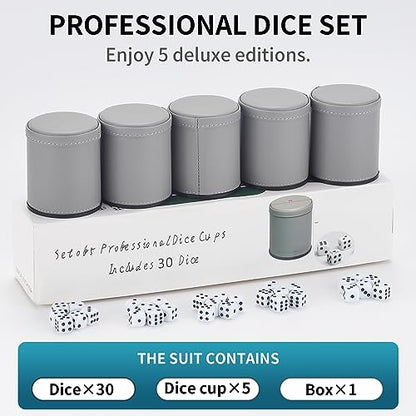 5 Pack PU Leather Dice Cups Velvet Felt-Lined Shaker Cups with 30 Dot Dice for Bar Party Yahtzee Farkle Dice Games, Grey - color: Grey