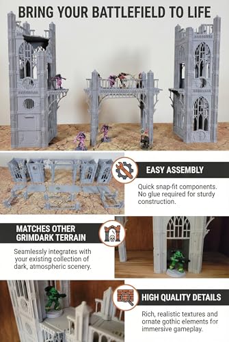 Gothic Sector Terrain Set: 28mm Scale Buildings & Scatter Terrain for 2000-Point Competitive 40k Games (Gothic Sky Bridge) - style: Gothic Sky Bridge