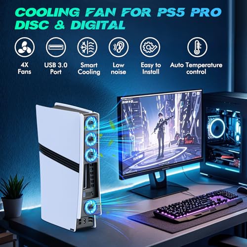 Ps5 Pro 4 Cooling Fans,Ps5 Pro Accessories Fans with USB 3.0,Efficient Quiet Cooler Fan with Adjustable Speed,Cooling Fan for PlayStation5 Pro Temperature-Controlled - color: Black