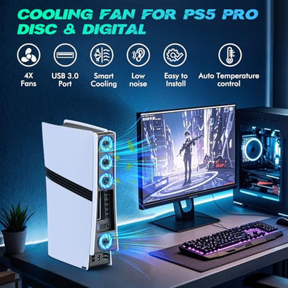 Ps5 Pro 4 Cooling Fans,Ps5 Pro Accessories Fans with USB 3.0,Efficient Quiet Cooler Fan with Adjustable Speed,Cooling Fan for PlayStation5 Pro Temperature-Controlled - color: Black