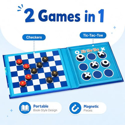 2-in-1 Travel Checkers and Tic Tac Toe Game for Kids Ages 8-12, Magnetic Checkers Board Game, Foldable Road Trip and Plane Activities - style: Checkers&Tic-Tac-Toe