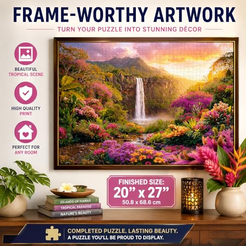 Hawaiian Waterfall Puzzles for Adults 1000 Pieces, Impossible Hard Difficult Challenging Puzzles for Adults, Colorful Tropical Flowers and Peaceful Waterfall Sunset - Jigsaw Puzzle 1000 Piece 20x27 - color: Hawaii Waterfall