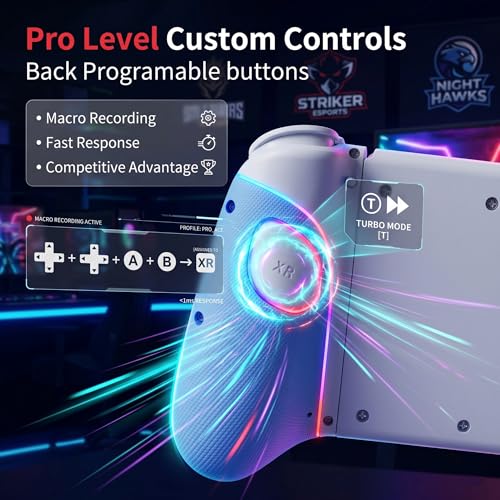 Ynnevation Hall Effect Controller Compatible with Switch, Switch OLED Lite and Switch 2 with Magnetic Charging Adapters Included Wireless RGB Gamepad with Programmable Back Buttons Turbo Motion Control