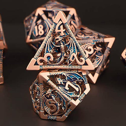 KERWELLSI Hollow DND Dice Set D&D with Gifts Box, 7pcs Polyhedral Metal D and D Dice for Role Playing Game, Dungeon Dragon Dice D20 D12 D10 D8 D6 D4 (Gold Blue) - color: Gold Blue