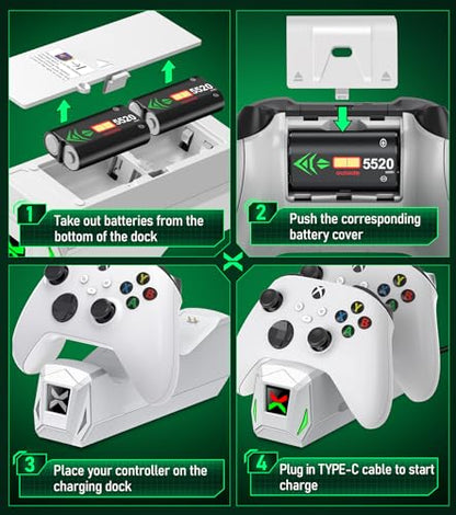 Controller Charger Station with 2x5520mWh Rechargeable Battery Packs for Xbox One/Series X|S,Dual Charging Dock for Xbox One Controller with 4 Battery Covers - color: White - 2 Batteries