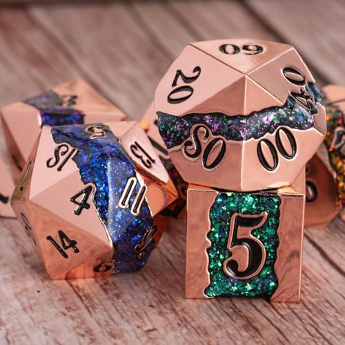 Metal Polyhedral Dice Set, 7PCS RPG Dice with Galaxy Glitter Resin Inlay for Dungeons and Dragons, Pathfinder Tabletop Role Playing Games - color: Seven Colors of Red Copper