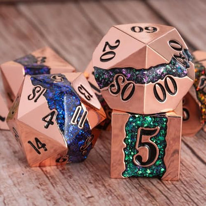Metal Polyhedral Dice Set, 7PCS RPG Dice with Galaxy Glitter Resin Inlay for Dungeons and Dragons, Pathfinder Tabletop Role Playing Games - color: Seven Colors of Red Copper