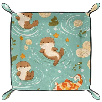 Dice Trays Otters Fish Holder Storage Box for Dice Games Like RPG DND, Leather Dice Holder Portable Folding Rolling Dice Tray, 16x16cm - color: Multi 9