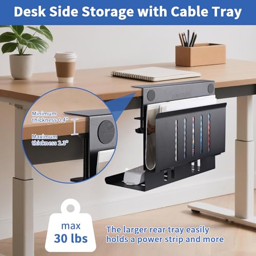 LUKETURE Desk Side Storage, Under Desk Laptop Mount with Cable Tray | 2-in-1 Steel laptop mount clamps to desk side, no drilling. Built-in cable tray hides cords. Holds 30 lbs, Office and Home