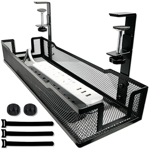 No Drill Under Desk Cable Management Tray with clamp-Premium Wire Tray Cord Organizer – Thin Steel Cable Tray Basket with Charger Holder for Desk–Black Cable Management Box–Easy to Install
