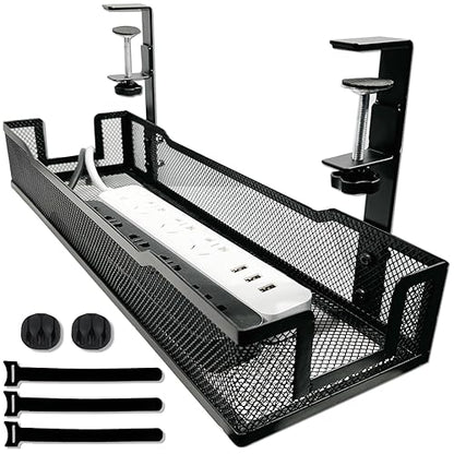 No Drill Under Desk Cable Management Tray with clamp-Premium Wire Tray Cord Organizer – Thin Steel Cable Tray Basket with Charger Holder for Desk–Black Cable Management Box–Easy to Install