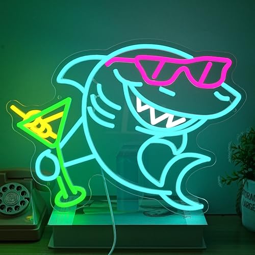 Shark Cocktail Neon Sign Shark Martini Neon light Dimmable LED Sunglasses Shark Light Up Sign for Wall Decor Man Cave Bar Pub Party Home(12.6 * 16.54In) - style: Shark Cocktail