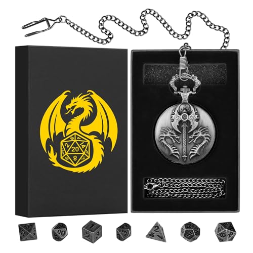 Mini DND Dice Set with Double Headed Dragon(Top Double-Sided Axe) Pocket Watch Case, 7-PCS Polyhedral Metal D&D Dice, DND Gifts with Gift Box, Role Playing Game Board Game Accessories Dice, Silver - color: Dark Silver