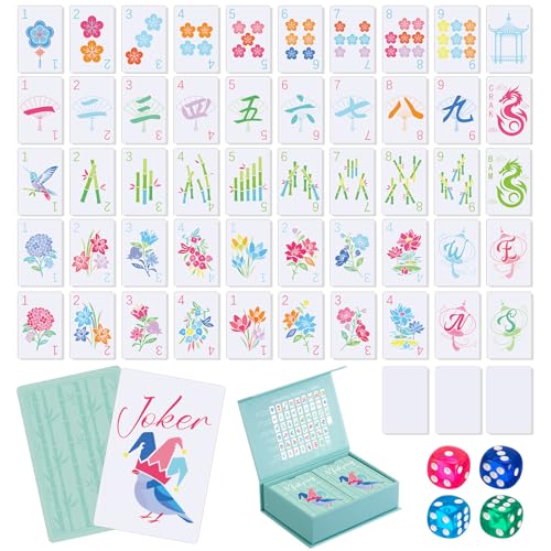 Soulchen 168 Pcs Premium American Mahjong Playing Cards, Large Print Waterproof PVC Card Set with 4 Dice & Storage Case, Refreshing Green Design, Easy-to-Read for Adults, Seniors, Travel, Gift Giving - color: Light Green, style: Floral