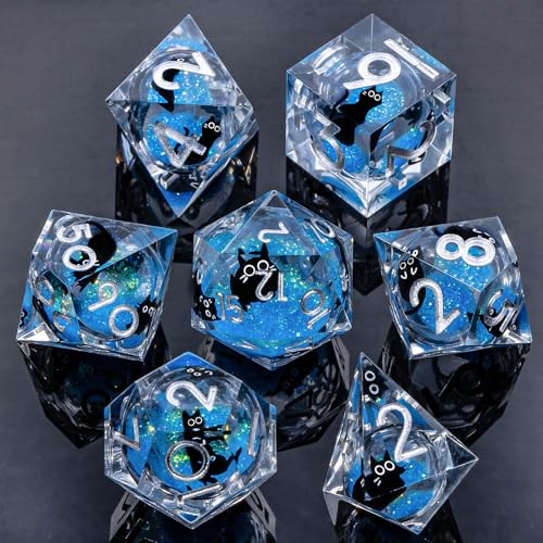 Roycevon Resin DND Dice Set with Gift Box, 7Pcs Liquid Core Cat D&D Dice, Cute Dungeons Dragons D and D Dice, Sharp Edge Role Playing Game Dice D20 D12 D10 D8 D6 D4, Blue - color: Blue