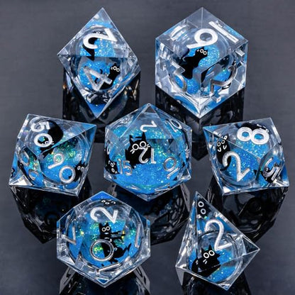 Roycevon Resin DND Dice Set with Gift Box, 7Pcs Liquid Core Cat D&D Dice, Cute Dungeons Dragons D and D Dice, Sharp Edge Role Playing Game Dice D20 D12 D10 D8 D6 D4, Blue - color: Blue