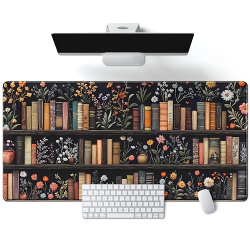 Bookish Desk Mat Floral Bookshelf Desk Pad Faux Embroidery Large Mouse Pad XXL Book Lovers Gift Extended Gaming Mousepad Flower Aesthetic Keyboard Pad Mouse Mat 31.5x15.7 in Office Decor for Women - color: Floral Bookshelf
