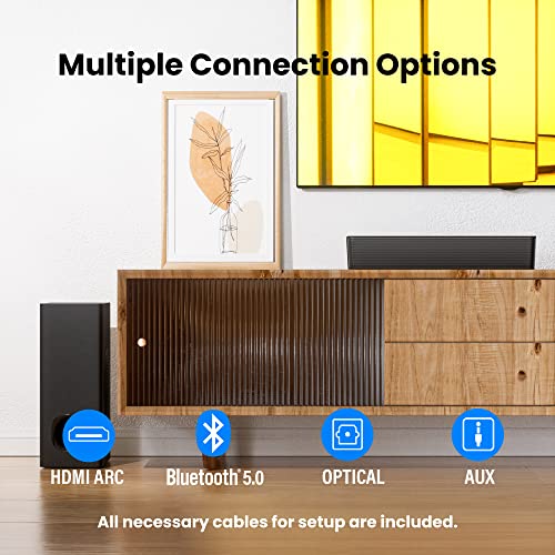 2.1 Compact Sound Bars for TV with Subwoofer, HDMI ARC/Bluetooth 5.0/Optical/AUX/RCA Connection, Remote Control, Adjustable Bass, Wall Mountable – P15, 140W, 16 inch, Black - style: P15
