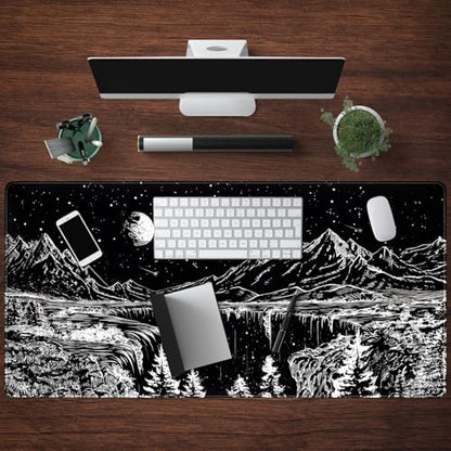 Black and White Desk Mat Dark Nature Forest Mouse pad XXL Starry Night Mountain Desk pad Aesthetic Moon and Stars Mousepad XXL for Laptop Computer Mouse Gaming Keyboard Mat, 31.5 X 15.8 in - color: Night Painting