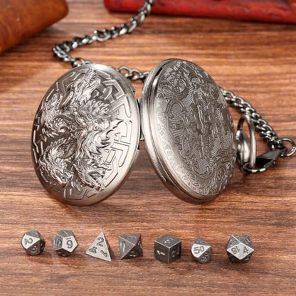 Mini DND Dice Set with Retro Five Dragon Heads Pocket Watch Shell Case, DND Starter Set, 7pcs Polyhedral Mini Metal Dice Set, D&D Gifts with Gift Box, Role Playing Board Game Accessories, Silver - color: Dark Silver
