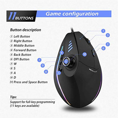 ZLOT Vertical Gaming Mouse,Wired RGB Ergonomic USB Joystick Programmable Laser Gaming Mice,6+1 Design,11 Buttons,1000 Hz Max Polling Rate,10000 Max DPI,Upgraded Version for Computer Gamers,Black