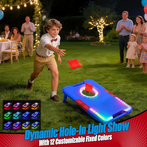Light-Up Cornhole Board Set, Corn hole Sets with Sound Effects, 2 Foldable Boards & 8 Bean Bags, Portable Outdoor Toss game, Backyard Party Camping Toys Gifts for Kids,Teens,Family,Ages 6-12+