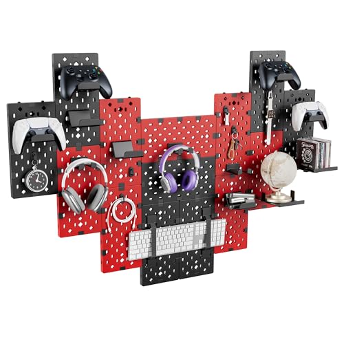 PEGZONE Controller and Headphone Holder Wall Mount, Modular Gaming Pegboard with Accessories, Controller Stand, Disc Shelf Organizer, 14pcs, Black & Red - color: Black & Red, size: 14 PCS